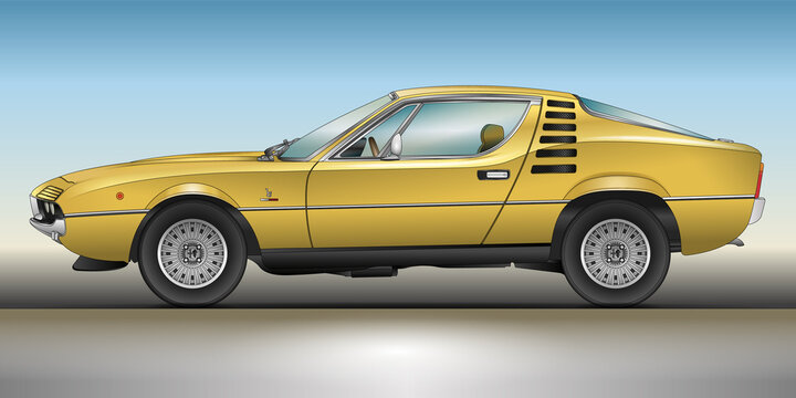 Italy, year 1970, Alfa Romeo Montreal vintage car, Italian design, coloured silhouette illustration