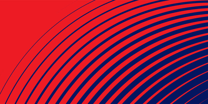 Abstract concentric curved lines halftone pattern background. Simple vector illustration of dark blue arches and radiating circular stripes on vibrant red backdrop, modern optical transition graphic l