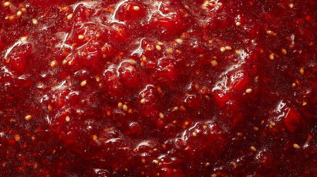 Closeup of delicious red raspberry jam texture with visible seeds