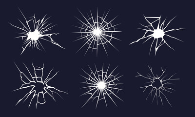 Fototapeta premium Broken Glass Cracks Set, Shattered Window Bullet Hole Vector Icons