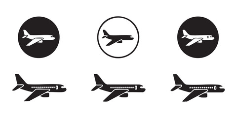 Airliner profile silhouette set with side view plane icons in circles and standalone flight logos. © Nuruzzaman