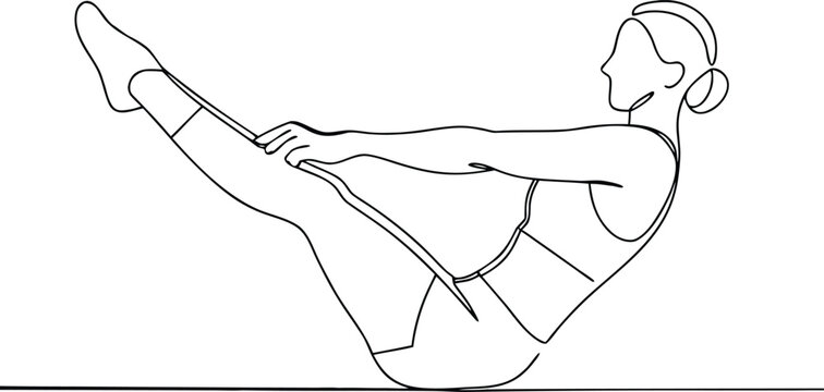 Woman practicing yoga, performing boat pose, balancing on sit bones with legs lifted.