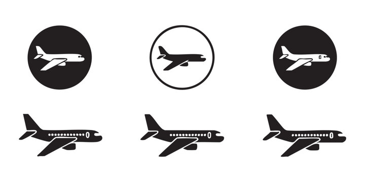 Airliner profile silhouette set with side view plane icons in circles and standalone flight logos.
