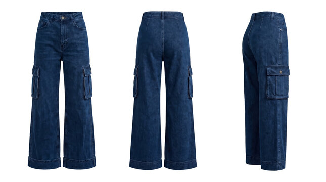 Women blue denim cargo pants mockup set