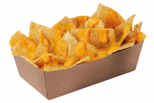 Crispy Tortilla Chips with Melted Cheese Sauce in a Cardboard Tray