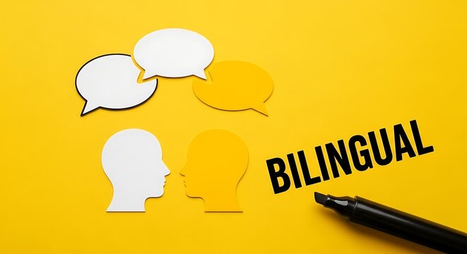 Bilingual education concept with human silhouettes and speech bubbles, language learning and communication symbols, yellow background with marker