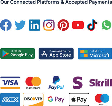 Social Media Icons and Payment Logos Displayed on Digital Platforms