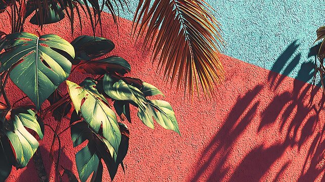 Vibrant tropical leaves and palm fronds in red and green hues background