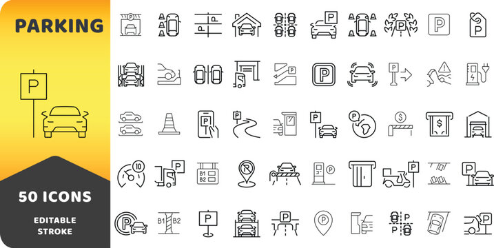 Car parking line icon set. Auto garage and lot transport editable stroke vector illustration.