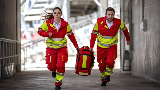 Paramedics running with medical equipment in stadium corridor