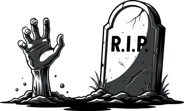 Black and white illustration of zombie hand rising from grave next to rip tombstone isolated on transparent background