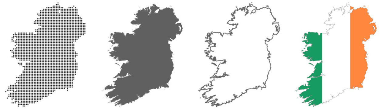 Ireland country map vector set with dotted pattern solid silhouette outline and national flag illustration