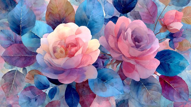 Vibrant watercolor lotus flowers in pink, blue, and purple hues background