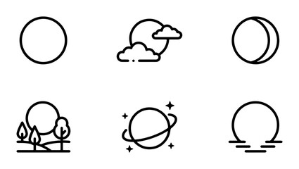 Celestial Icons Set: Moon Phases, Planets, Sun, and Sky Elements, Simple Line Art © Tanvir