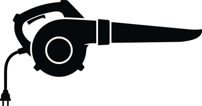 Black and white vector illustration of an electric leaf blower with power cord, electric