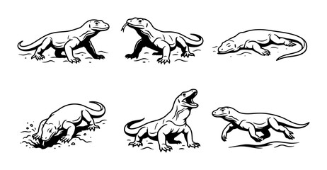 Fototapeta premium Komodo Dragon Vector Icons Set, Reptile Wildlife Illustrations, Animal Graphic Elements