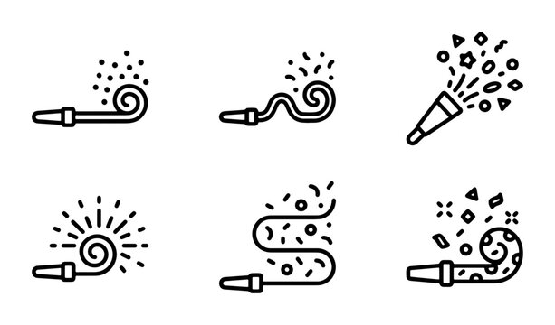 Party Blower Icons, Celebration Noise Makers, Festive Blowouts, Vector Graphics Set