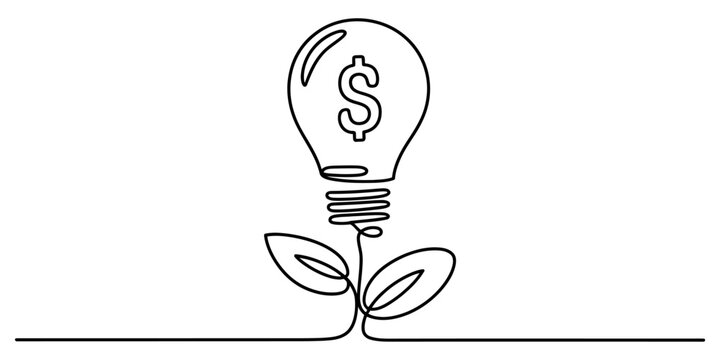 Continuous one line drawing of a light bulb with a dollar sign inside and growing leaves representing business growth and financial investment success Vector, illustration