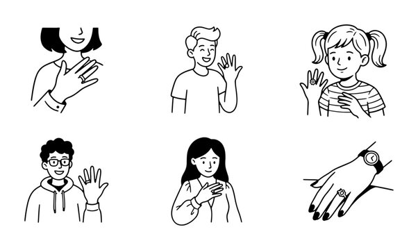 Diverse People Waving Hello, Greeting Icons, Friendly Gesture Collection, Vector Art