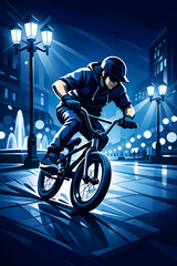 Naklejka premium BMX rider cycling through a city square at night