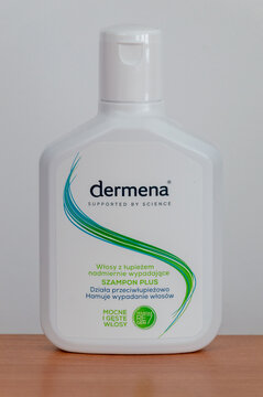 Pruszcz Gdanski - May 12, 2026: Bottle of shampoo Derma for hair with dandruff and excessive hair loss.