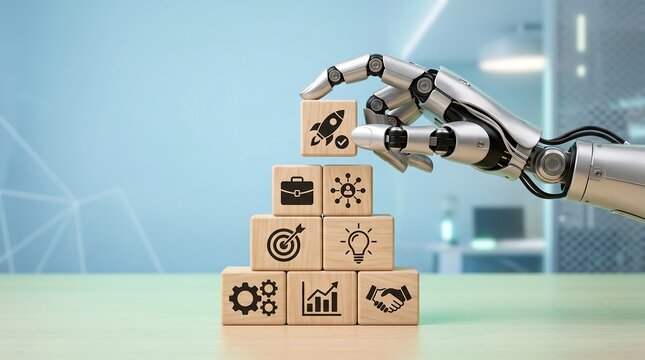 Robot placing a wooden block with a rocket icon on top of a stack