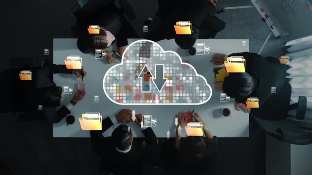 A modern office scene showing a diverse team engaged in a meeting, utilizing cloud technology for effective file sharing and collaboration in business projects. Raster