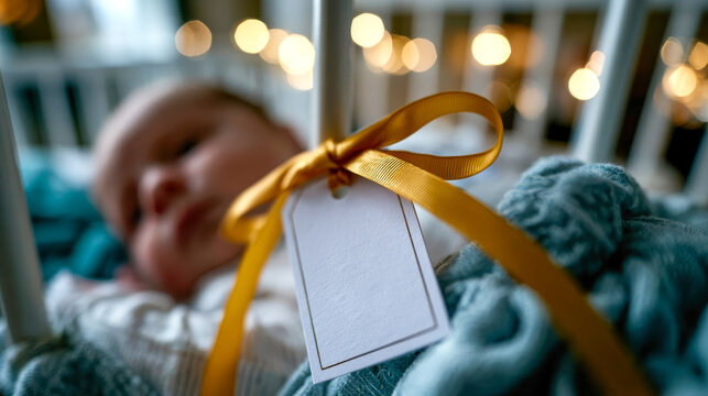 Sleeping newborn baby in crib with blank birth tag on wrist, soft blanket and warm nursery lights