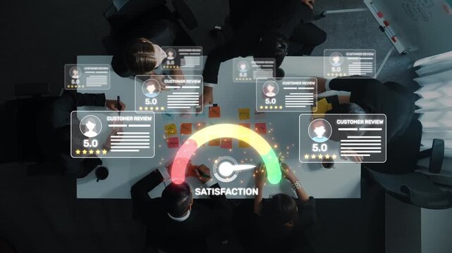 A business team collaboratively analyzes customer feedback with visual charts and ratings to improve satisfaction and drive strategic decisions in a modern workspace. Raster