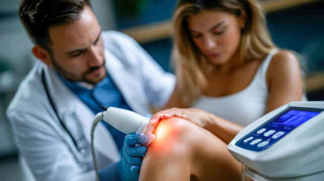 Doctor applying shockwave therapy device to a patient knee, modern physiotherapy and pain relief treatment concept