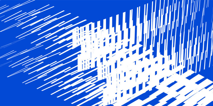 Abstract digital glitch lines pattern background. Simple vector illustration of white distorted stripes with perspective grid effect on blue backdrop, modern cyberpunk technology layout, and creative 