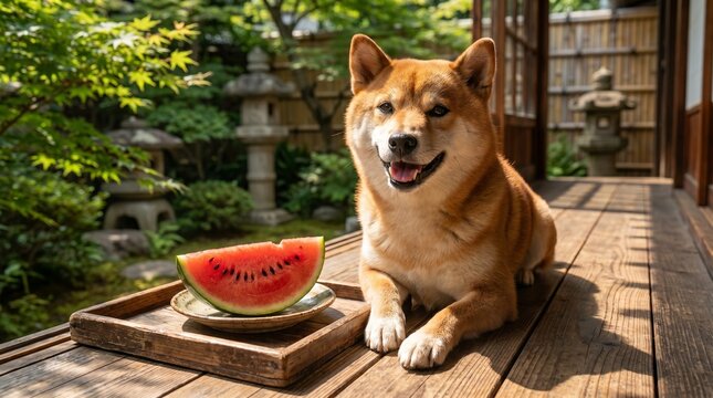 Resting Shiba Inu and watermelon on a veranda