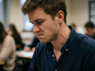 Obraz premium Pensive male student looking down at book or exam paper