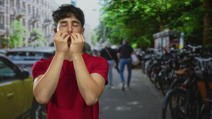 Fototapeta premium Man in red shirt whistling with fingers to lips on a busy city street lined with parked bicycles and cars; youthful playfulness.