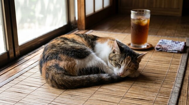 Calico cat sleeping on a bamboo mat