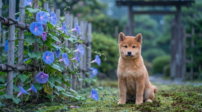 Shiba Inu puppy with morning glories