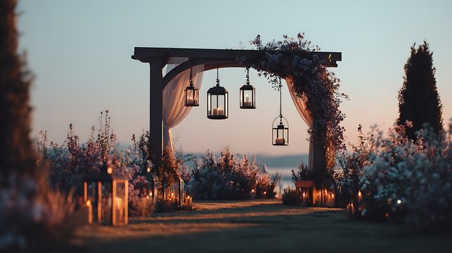 Victorian style house with warm lighting on a winter evening background