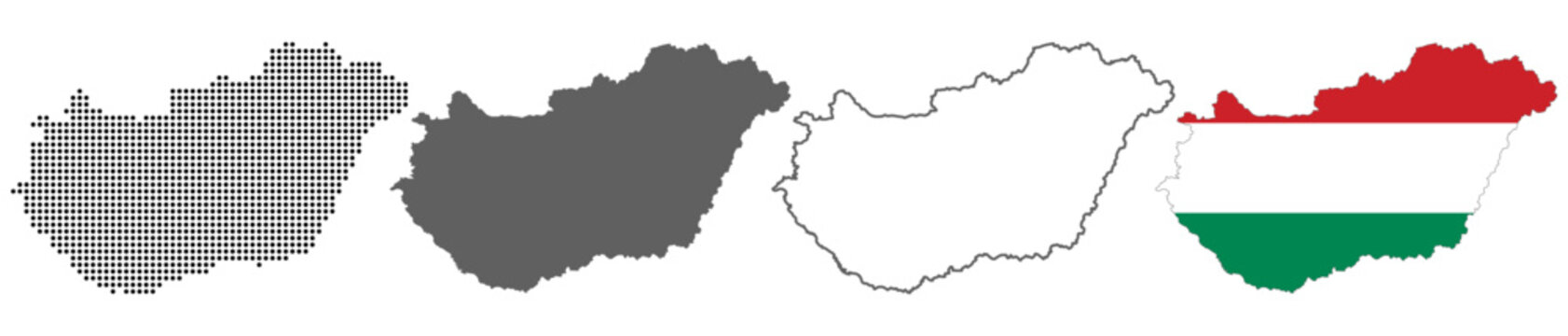 Hungary country map vector set with dotted pattern solid silhouette outline and national flag illustration