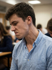 Fototapeta premium Disappointed young man looking down with sad expression in classroom
