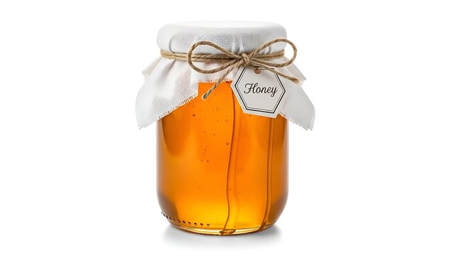 A jar of golden honey with a decorative bow