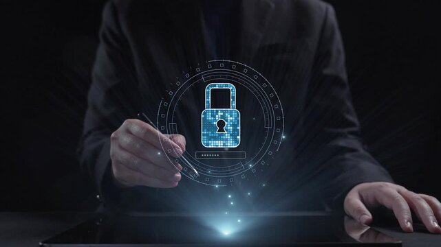 A professional in a suit interacts with a holographic representation of a digital lock and security icons on a tablet, emphasizing the significance of cybersecurity and data protection. Qubit