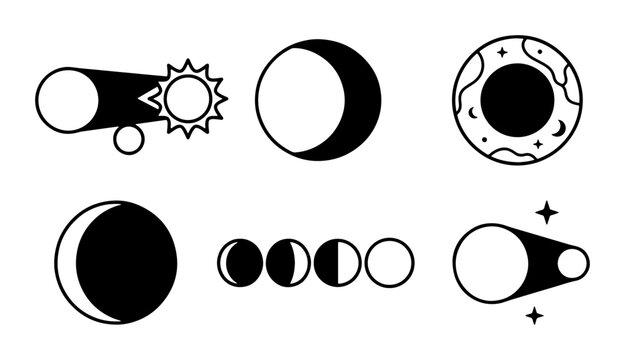 Celestial Icons: Moon Phases, Solar Eclipse, Earth, Space Elements Vector Set