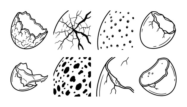 Cracked Eggshell Textures, Broken Shell Fragments, Organic Patterns, Vector Graphics Set