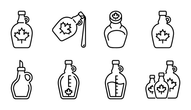 Maple Syrup Bottles, Vector Icons Set: Sweetener Containers, Food Packaging, Beverage Dispenser