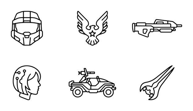 Sci-Fi Icons: Futuristic Helmet, Emblem, Weapon, Character, Vehicle, Sword Vector Set
