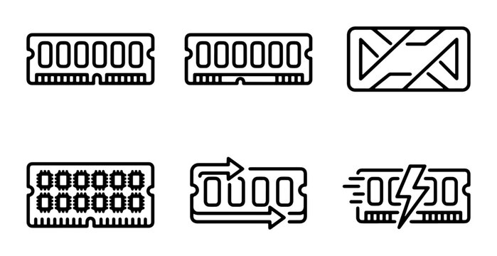 RAM Modules Icons, Computer Memory Chips, DDR4 & DDR5 Technology Graphics, Digital Data Storage Vector Set