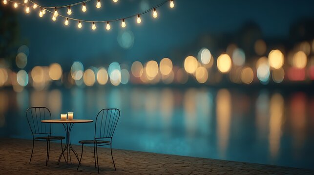 Warm string lights illuminating a simple wooden table and chairs background
