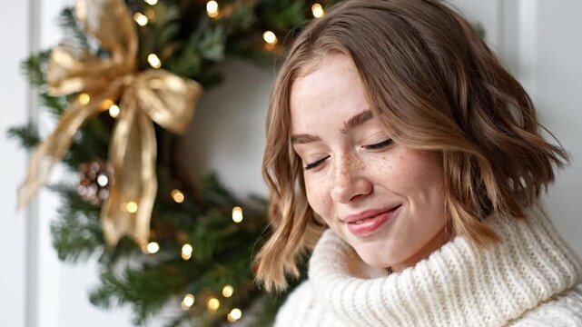 Smiling young woman with freckles wearing a white turtleneck sweater in front of a Christmas wreath