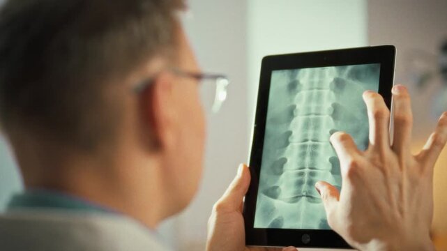 In clinical exam room, doctor reviews lumbar spine x-ray on a tablet display, using modern medicine technology to assess the patient's back. The image reveals vertebrae, supporting accurate diagnosis