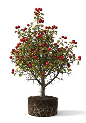 Naklejka premium Small Hawthorn Tree with Red Berries in a Soil Root Ball Isolated on White Background